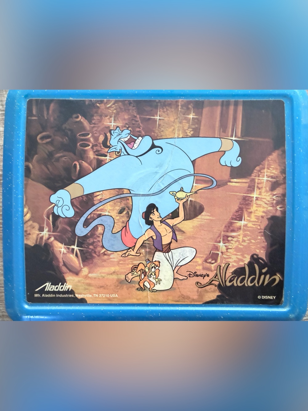 Vintage 1990s Disney Aladdin Lunch Box Matching Genie Thermos Blue Glitter